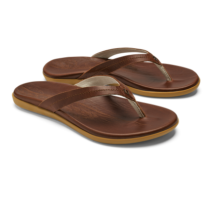 Brown leather flip-flops with tan soles and thong straps, shown in pairs.