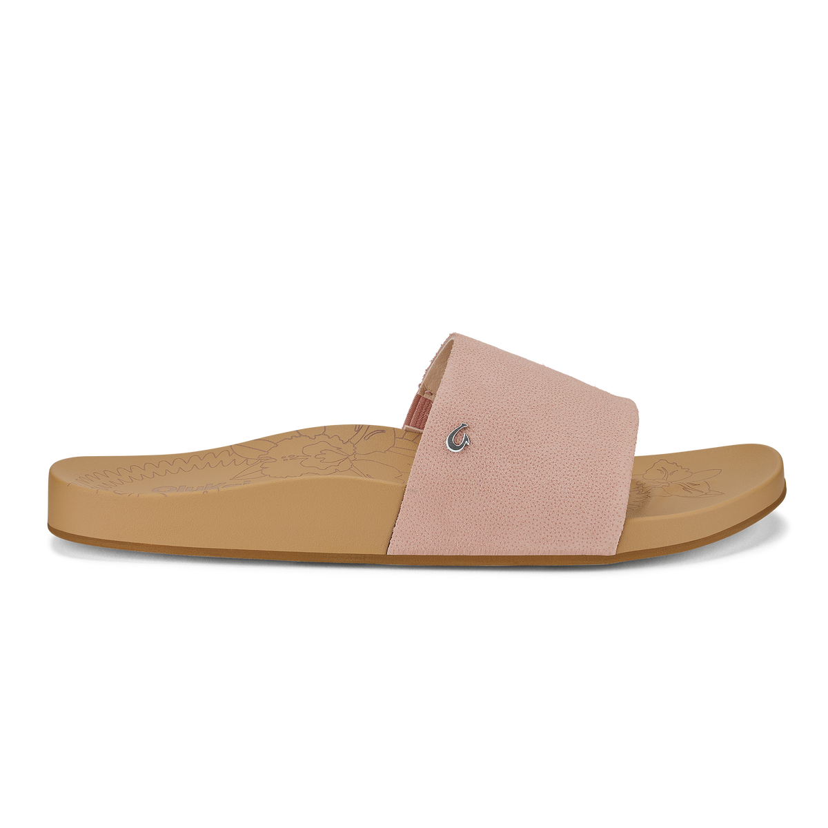 Slide sandal with soft pink upper strap and warm sand-colored sole, featuring a small logo detail.