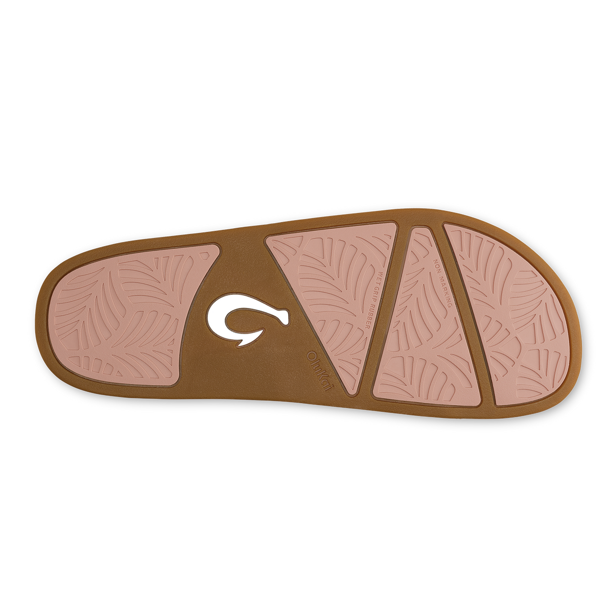 Sandal sole with soft pink panels and warm sand brown border, featuring geometric tread pattern and white brand logo.