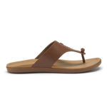 Brown and tan thong sandal with cushioned footbed and knot detail at toe.