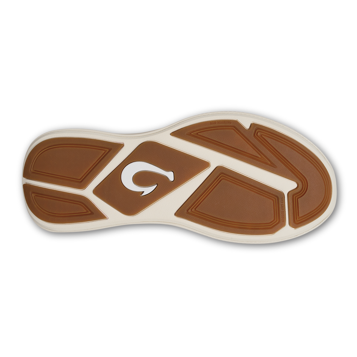 Brown and cream shoe sole with geometric tread pattern and central logo.