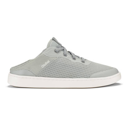 Cloud grey slip-on shoe with perforated mesh upper, grey laces, and white sole.