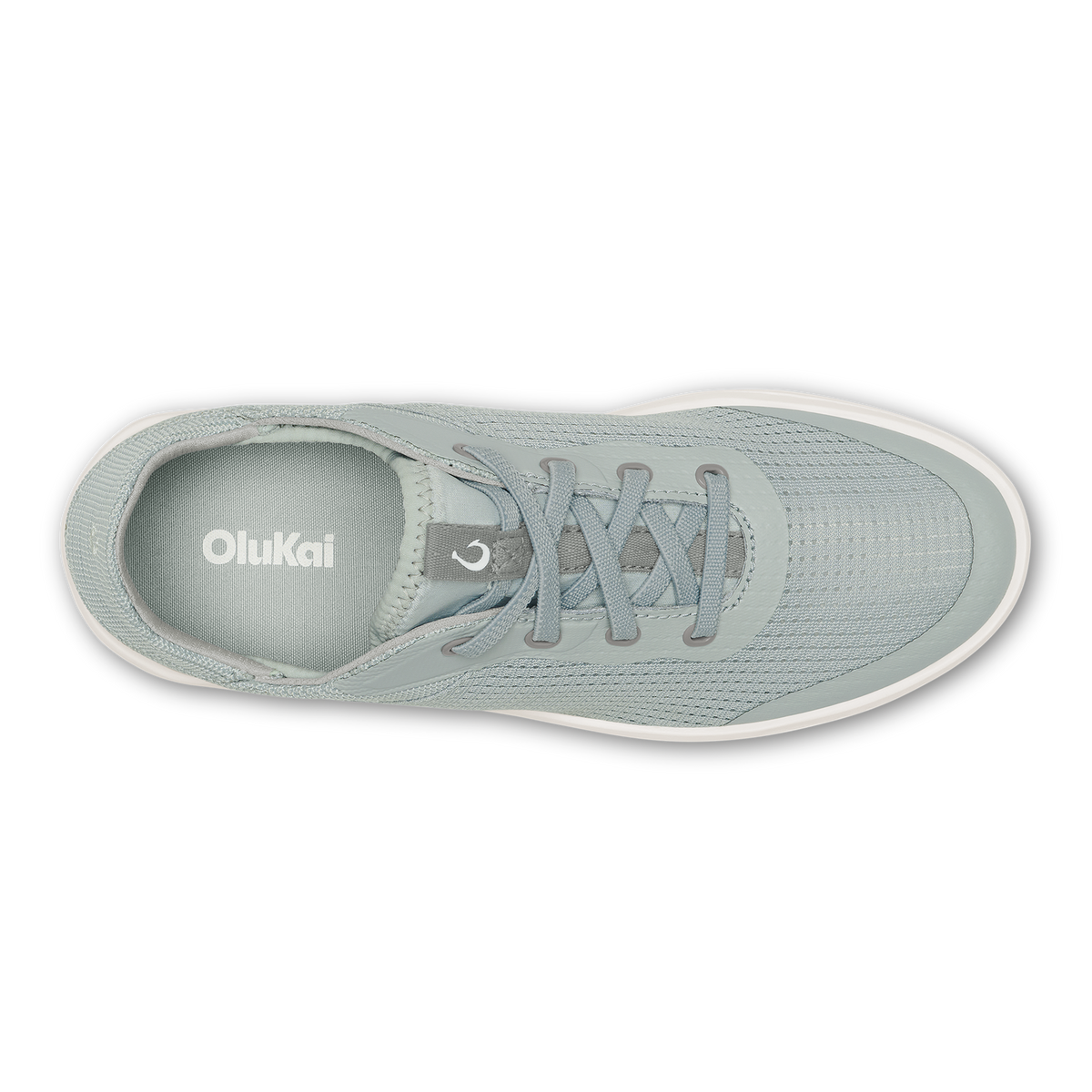 Cloud grey lace-up sneaker with white sole and OluKai branding, shown from above.
