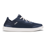 Trench blue perforated sneaker with white laces and white sole, viewed from the side.