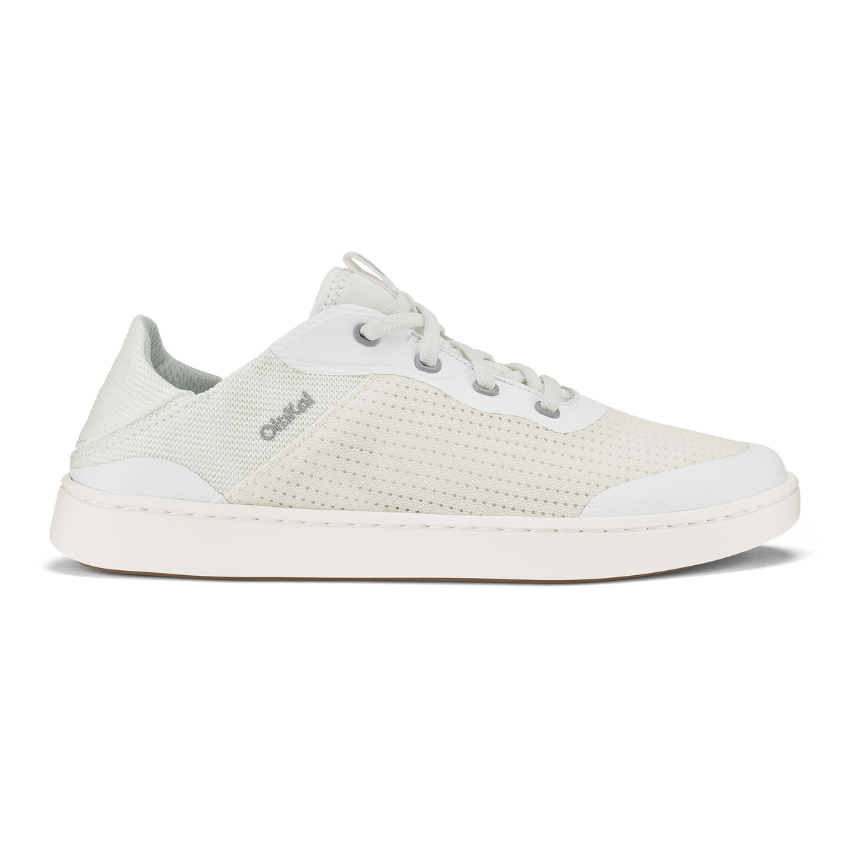 Bright white mesh lace-up sneaker with perforated upper and white sole.