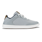 Light grey mesh and leather sneaker with white lace-up closure and tan heel accent on white sole.