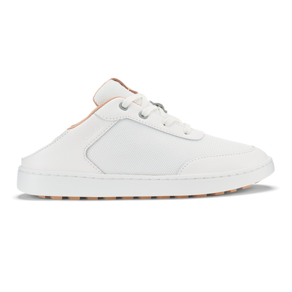White slip-on sneaker with cantalope-colored heel collar and sole trim.