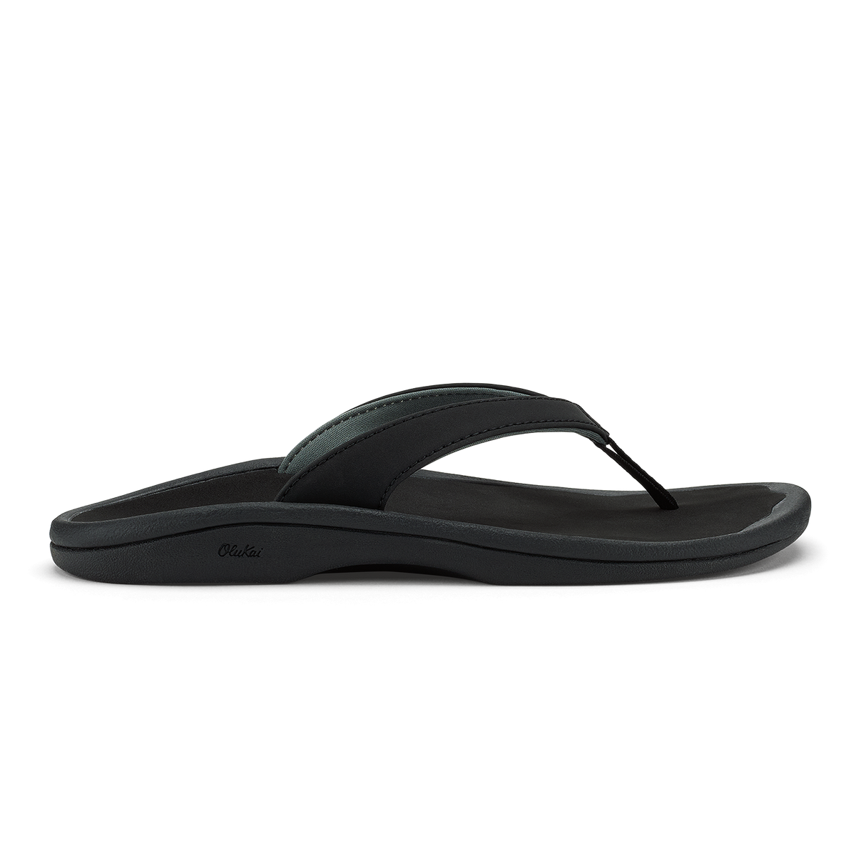 Black thong sandal with curved sole and thin strap across foot.