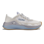 White mesh and synthetic running shoe with light blue and grey accents and gum sole, shown in side profile.
