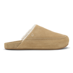 Tan suede slipper with white fleece lining and stitched seam detail along the sole.