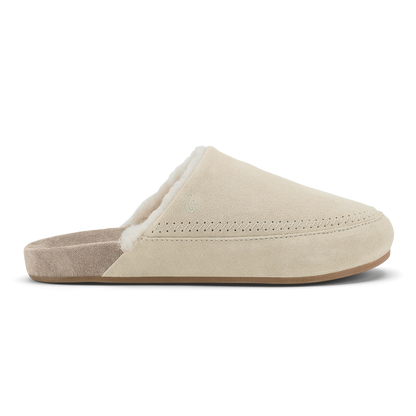 Ecru and taupe grey suede slipper with fleece lining and decorative stitching detail.