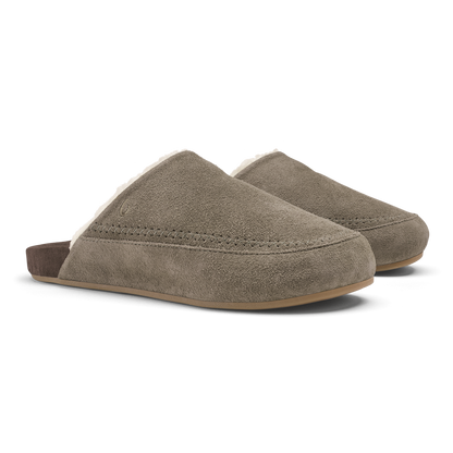 Pair of gray suede slip-on mules with brown heel backs and tan soles.