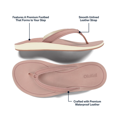 Soft pink leather thong sandal with cream footbed and smooth leather strap, shown from side and sole views.