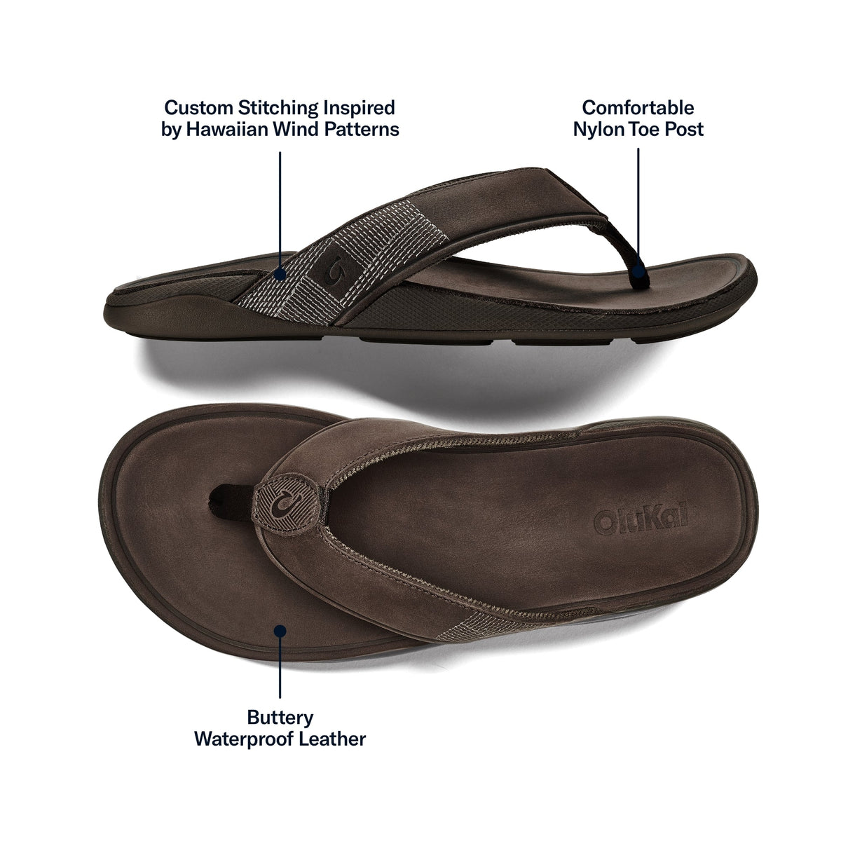 Dark brown flip-flop sandal with woven strap and nylon toe post, shown from side and bottom views.